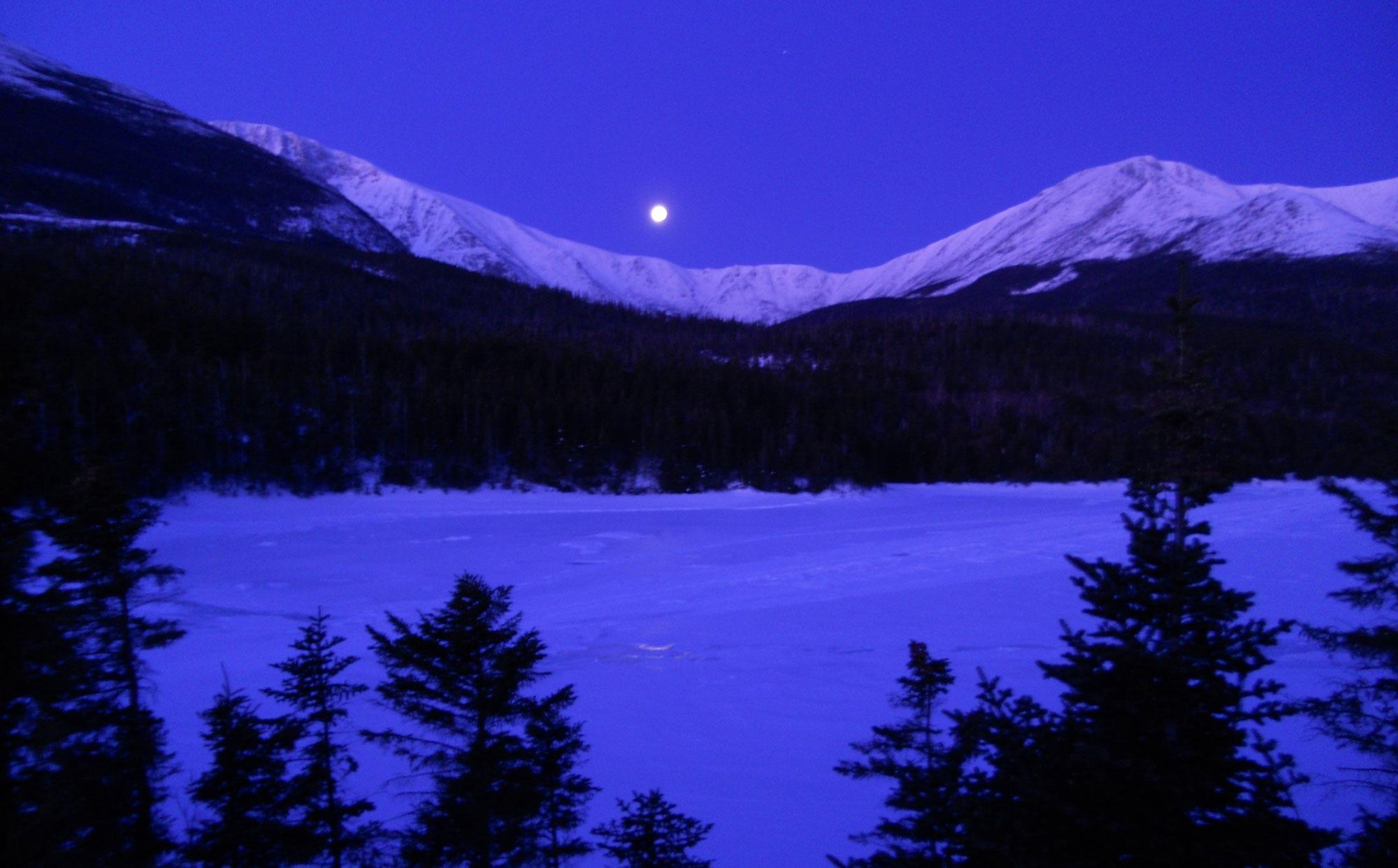 Moonset over the Saddle, Baxter State Park, February 10 2012, 6:19 AM. I had climbed to Katahdin’s summit via the Saddle the day before.